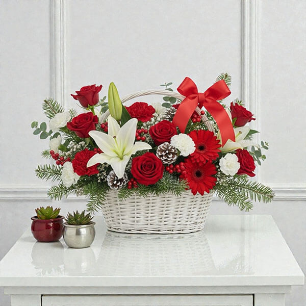 กระเช้าดอกไม้พรีเมี่ยม B002 (Grand Celebration) โทนแดง-ขาวหรูหรา