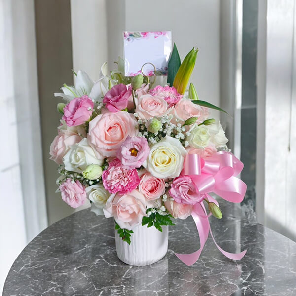 แจกันดอกไม้  Pink Blossom Vase – White Lily & Rose Arrangement