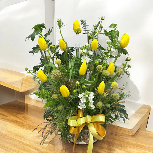 กระเช้าดอกไม้ Golden Tulip Flower Basket – Yellow Tulips Arrangement กระเช้าดอกไม้ Golden Tulip Flower Basket – Yellow Tulips Arrangement