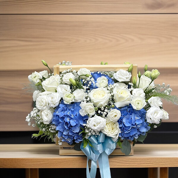 White & Blue Flower Basket – Roses, Lisianthus & Hydrangea