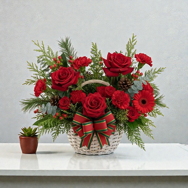กระเช้าดอกไม้คริสต์มาส "Santa"s Best Bloom Basket"