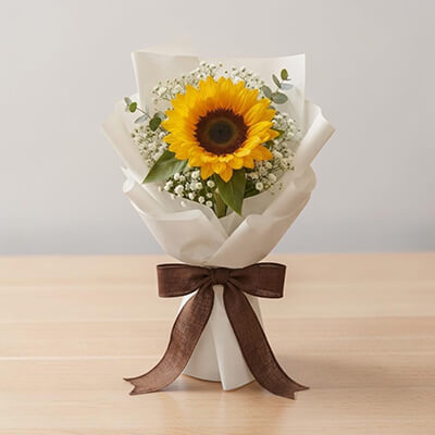 Soft White & Brown Sunflower Bouquet ช่อดอกทานตะวันเกาหลีมินิมอล 1 ดอกใหญ่ ห่อขาวตัดริบบิ้นน้ำตาล Sunny White
