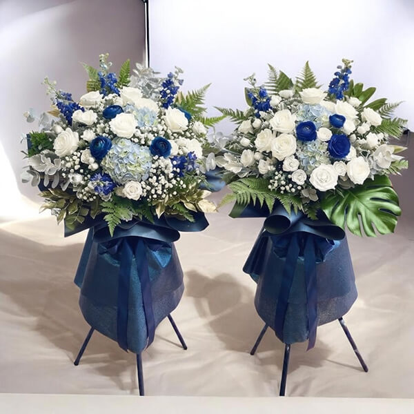 Ocean Elegance Congratulations Flower Stand - Premium Navy Blue & White Grand Opening Display