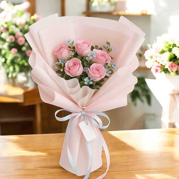 Romantic Pink Rose & Blue Oxypetalum Bouquet - Premium Korean Style Birthday Gift