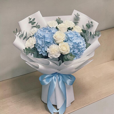 Pure Devotion Mother’s Day Hydrangea, Carnation & White Rose Premium Bouquet