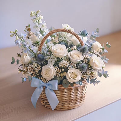 Enchanted Grace Mother&rsquo;s Day Luxury White Rose & English Garden Flower Basket