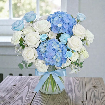 Ocean Breeze Mother’s Day Hydrangea & Luxury Rose Premium Glass Vase