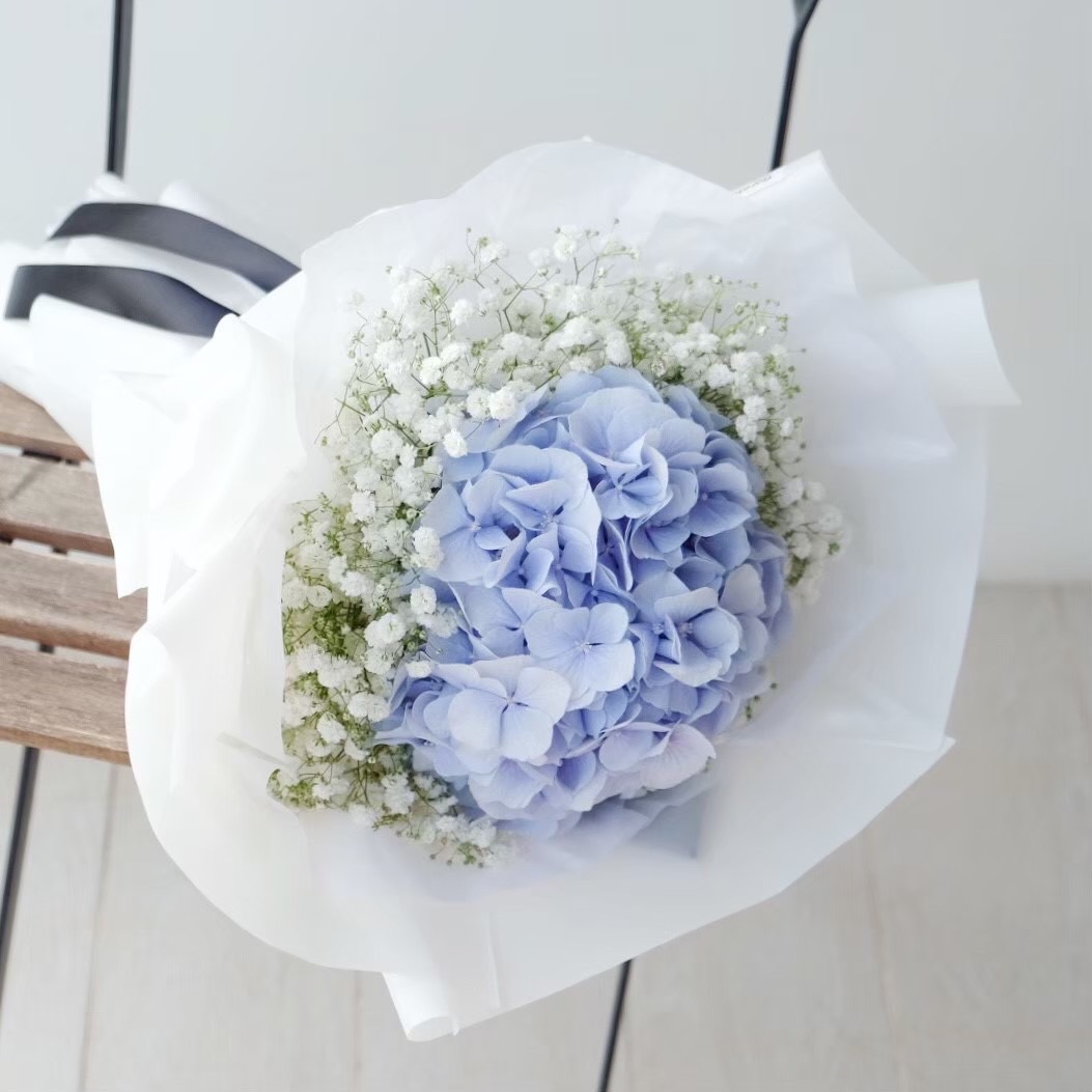 minimal-mothers-day-bouquet-blue-hydrangea-gypsophila
