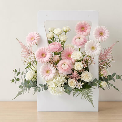Mothers Day Pink Pastel Flower Basket in Luxury White Box