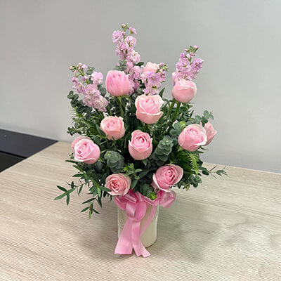 Mothers Day Elegant Pink Rose and Stock Flower Ceramic Vase